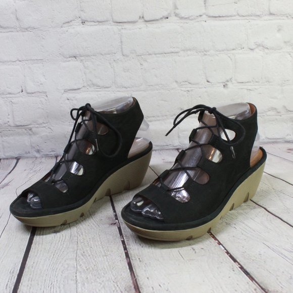 Clarks Clarene Grace Black Leather Cage Wedge Sandals Size 8.5 M - Picture 2 of 9